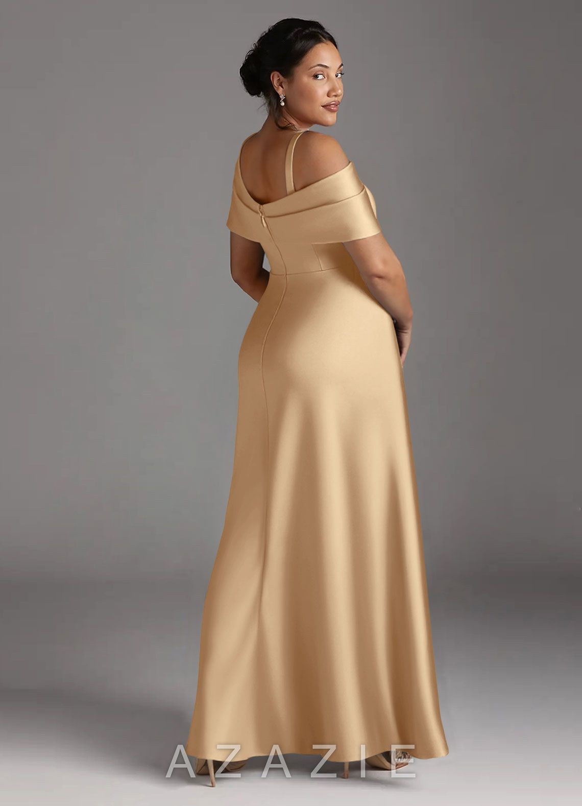Azazie Milton Champagne A-Line Pleated Stretch Satin Dress champagne