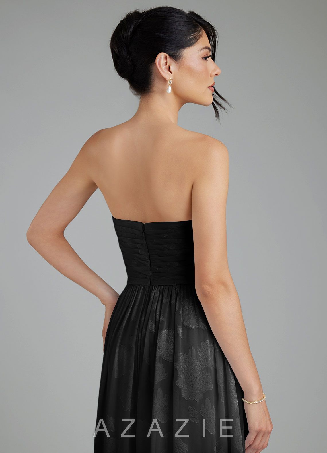 Azazie Helena Black A-Line Strapless Floral Jacquard Burnout Convertible Dress black