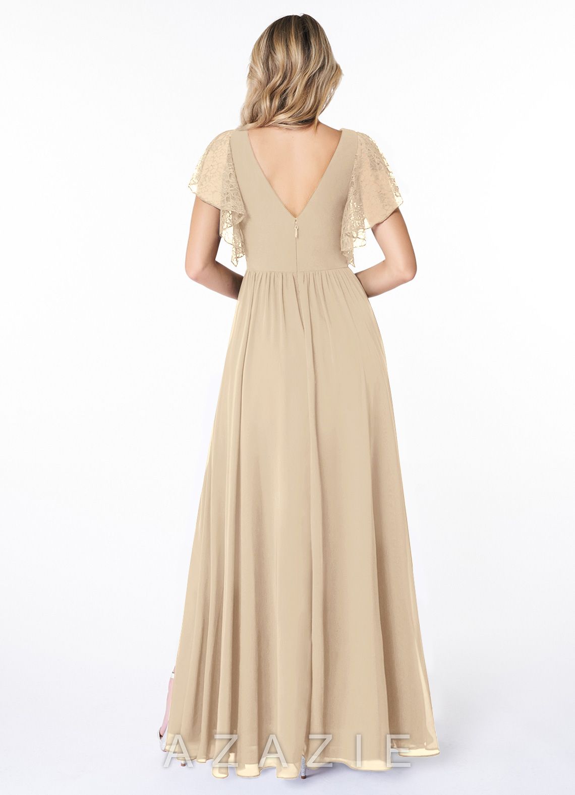 Azazie Zella Champagne A-Line Lace Chiffon Dress champagne
