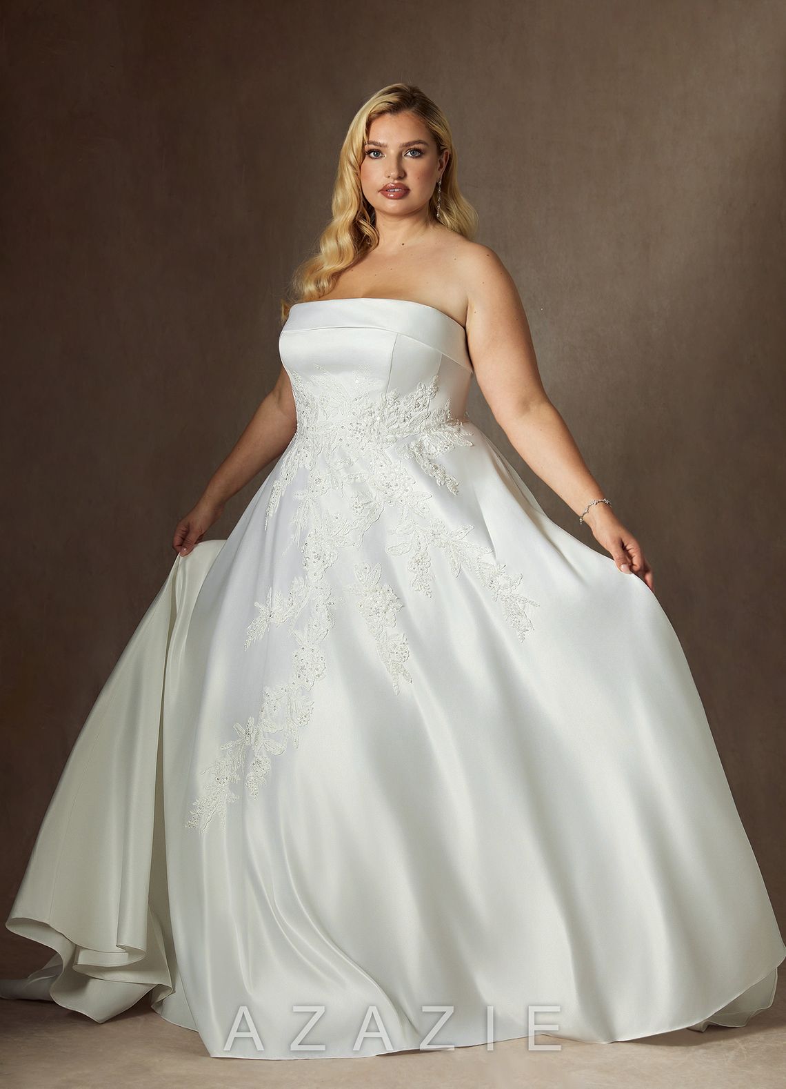 Azazie Fernanda Diamond White Ball-Gown Strapless Satin Dress diamond_white
