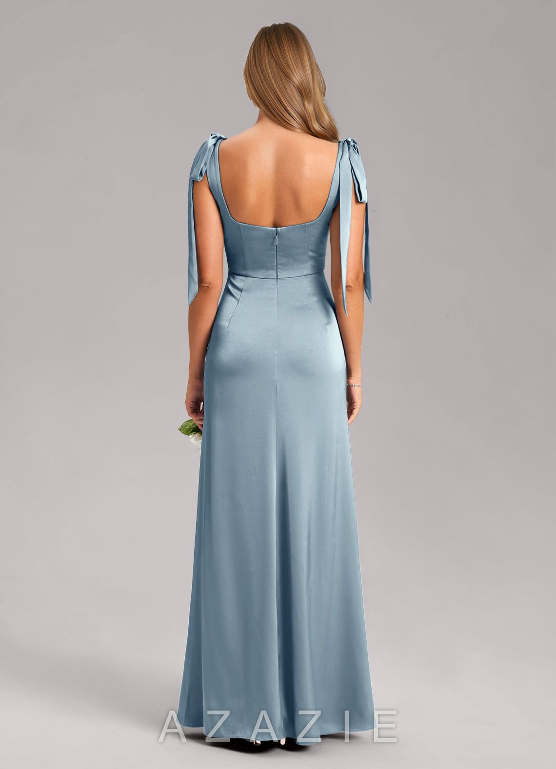 Azazie Frostine Dusty Blue A-Line Bow Stretch Satin Dress dusty_blue