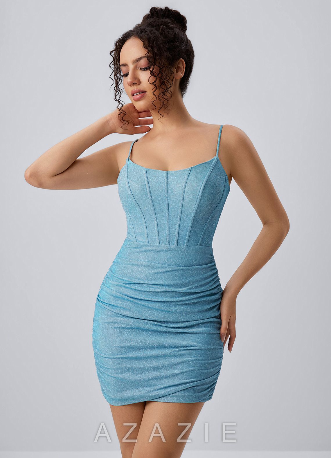 Josette Sky Blue Spaghetti Strap Glitter Corset Lace-Up Mini Dress