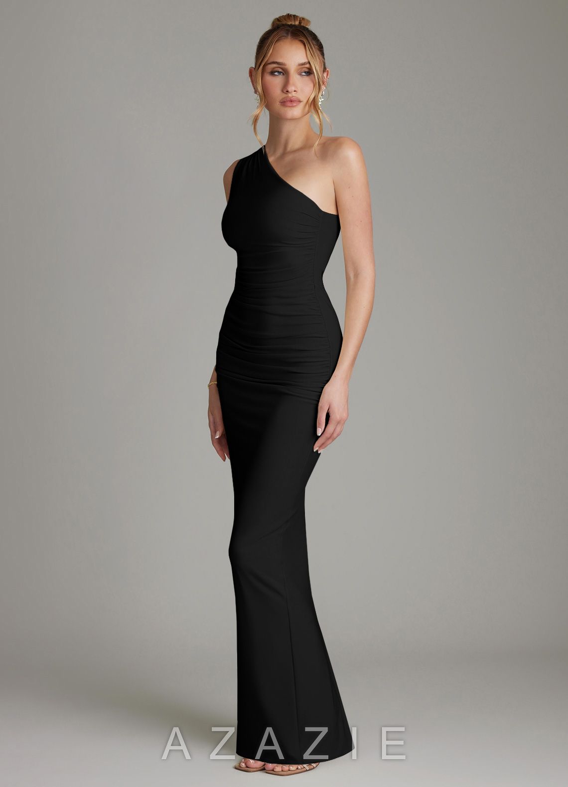 Azazie Shanice Black Sheath One Shoulder Premium Stretch Jersey Dress black