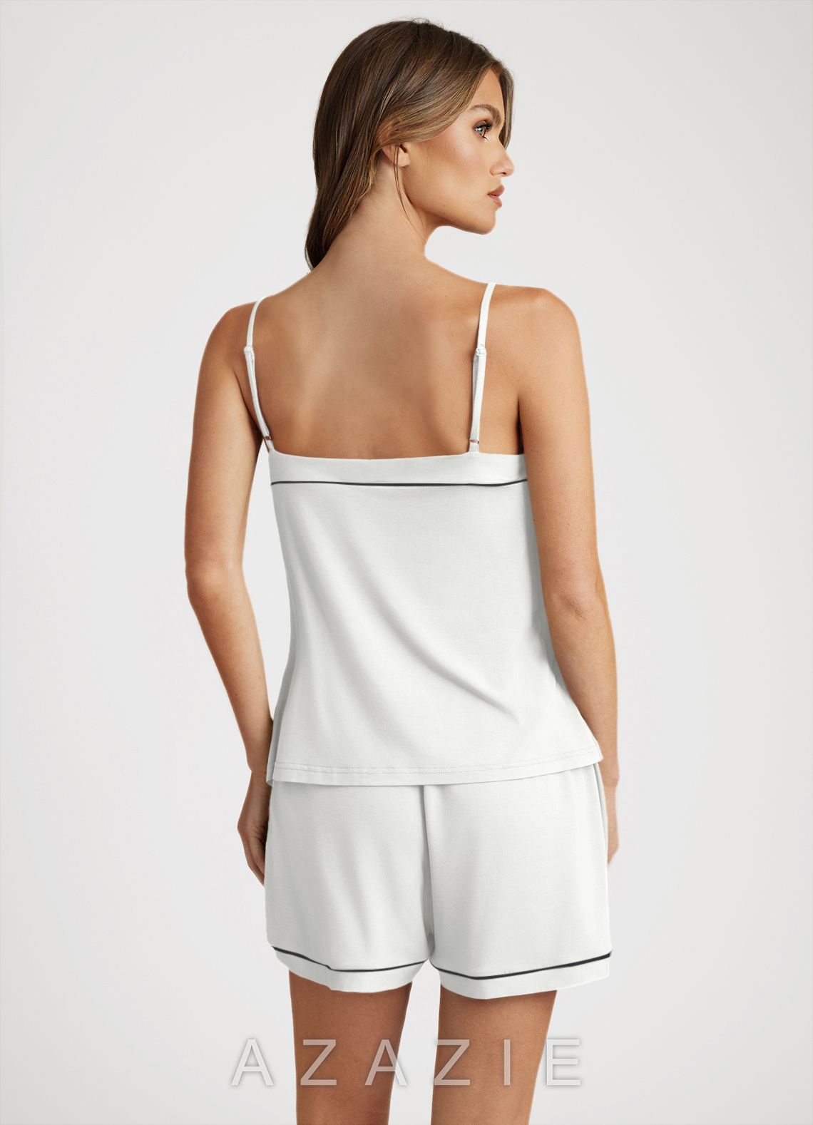 Bamboo Fiber Contrast Piping Cami and Shorts Pajama Set  white