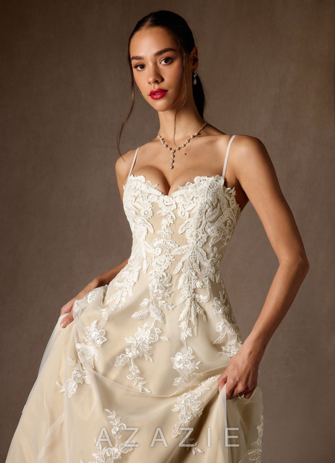 Azazie Madeleine Diamond White Champagne Ball-Gown Strapless Lace Dress
