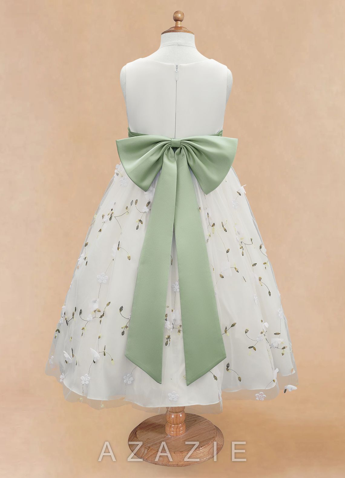 Azazie Pollie Ivory Dusty Sage A-Line Bow Tulle Dress ivory/dusty_sage