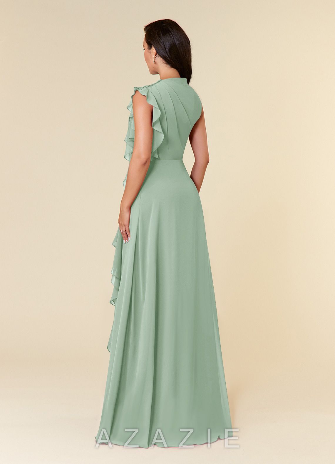 Azazie Narine Agave A-Line High Neckline Pleated Chiffon Dress agave
