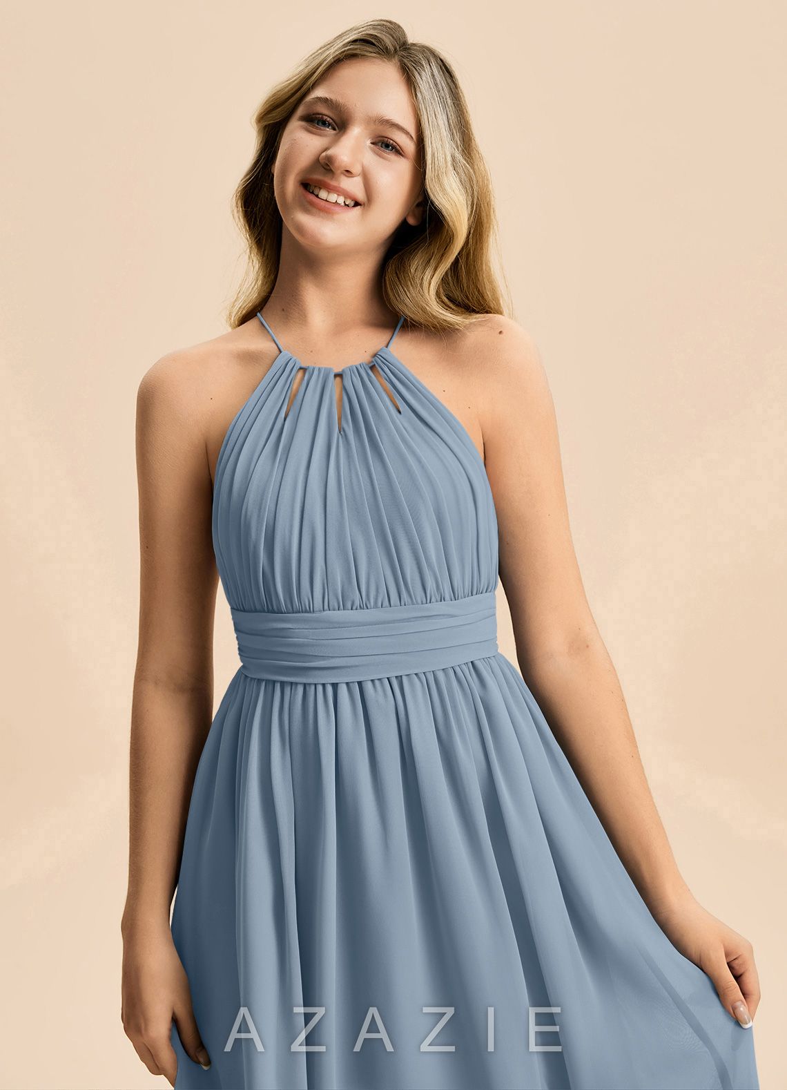 Azazie Noelle Junior Dusty Blue A-Line Pleated Chiffon Dress dusty_blue