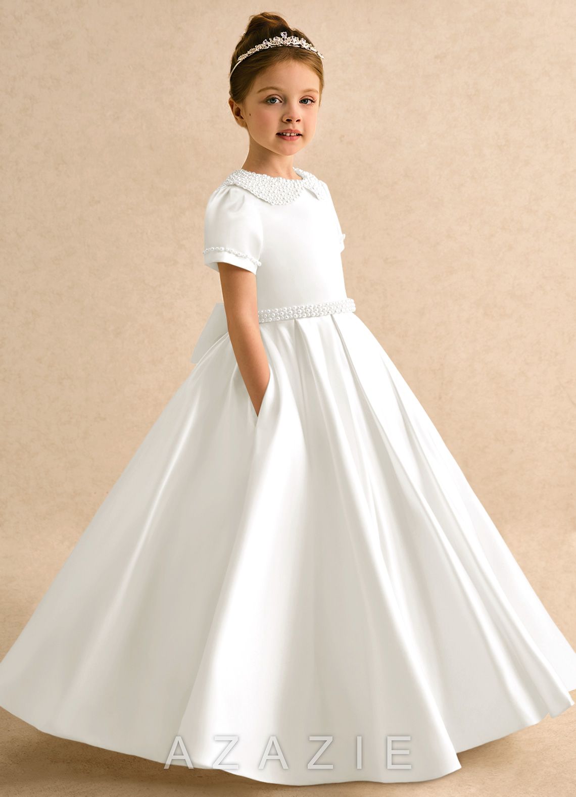 Azazie Gabriella Ivory Ball-Gown with Sleeves Matte Satin Dress ivory