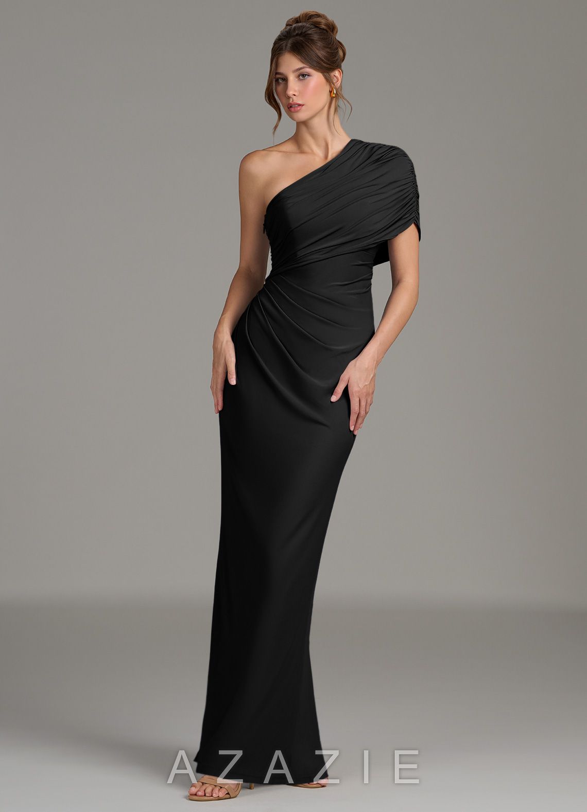 Azazie Essence Black Sheath One Shoulder Premium Stretch Jersey Dress