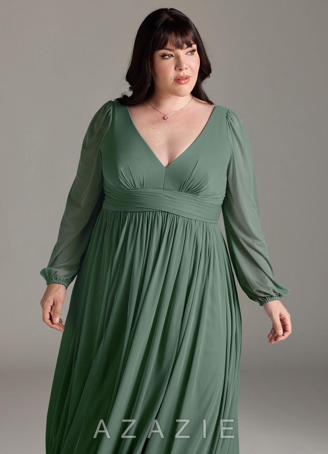 Azazie Norah Eucalyptus A-Line V-Neck Long Sleeve Chiffon Dress eucalyptus