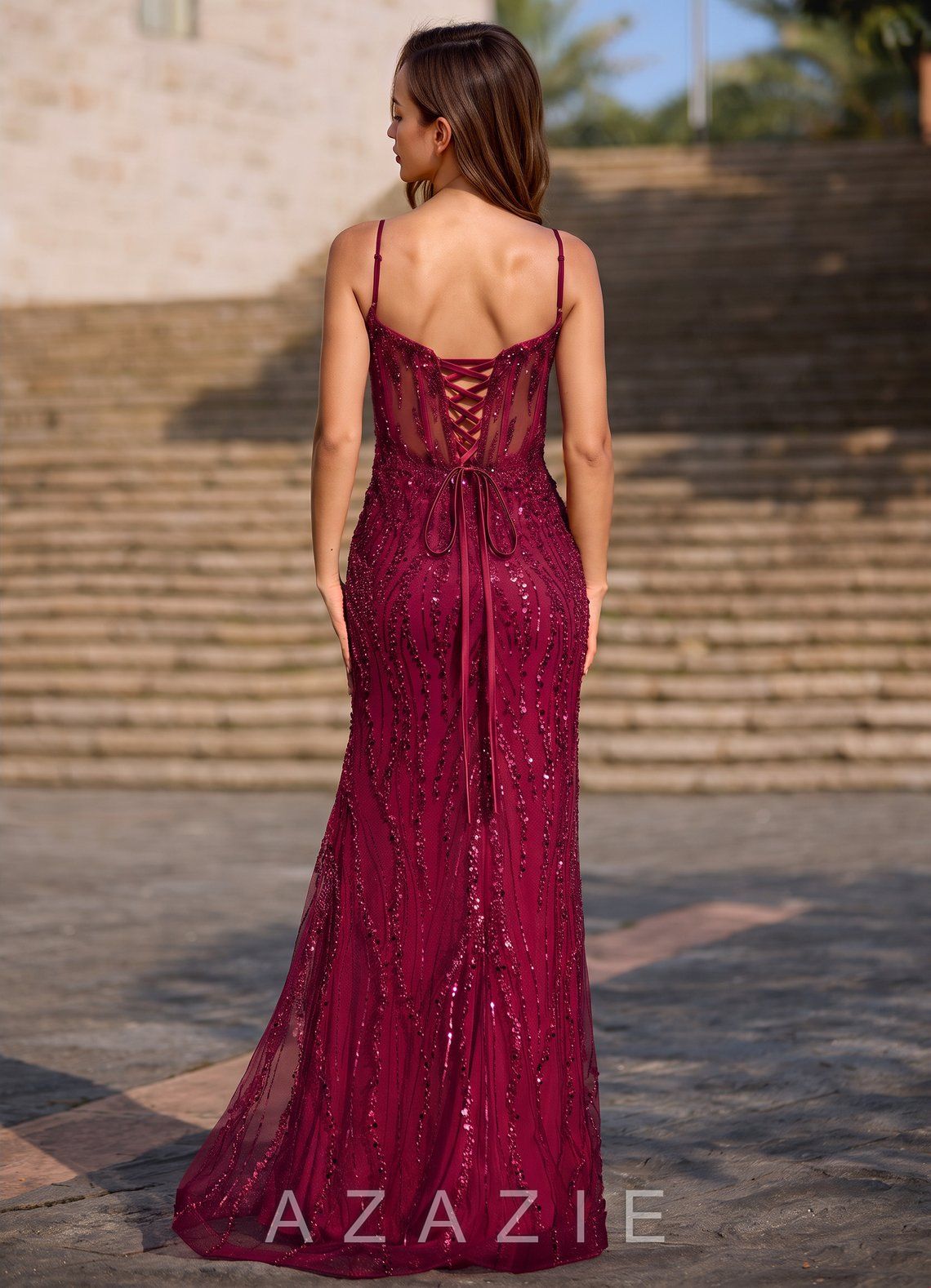 Dazzle Burgundy Sequin Corset Mermaid Dress