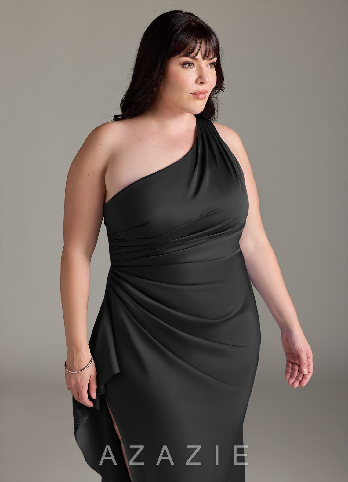 Azazie Latrice Black Sheath One Shoulder Cascading Ruffles Stretch Satin Dress black