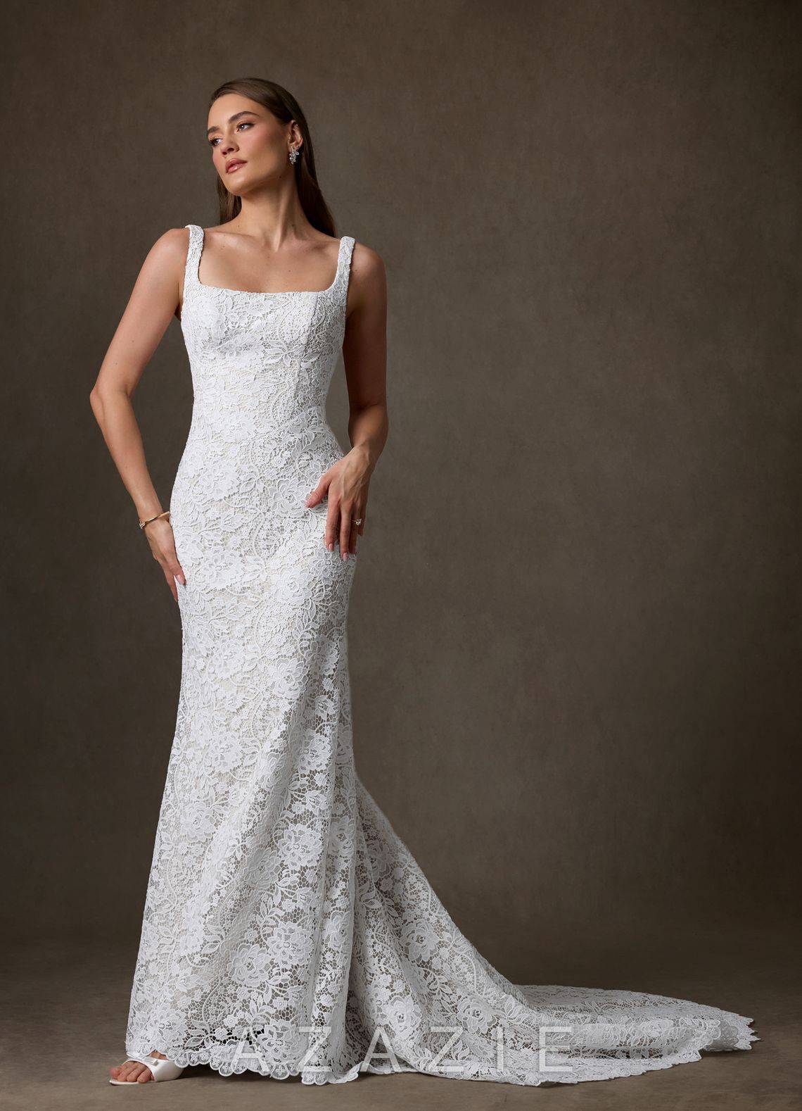 Azazie Amara Diamond White Mermaid Square Neckline Lace Dress diamond_white