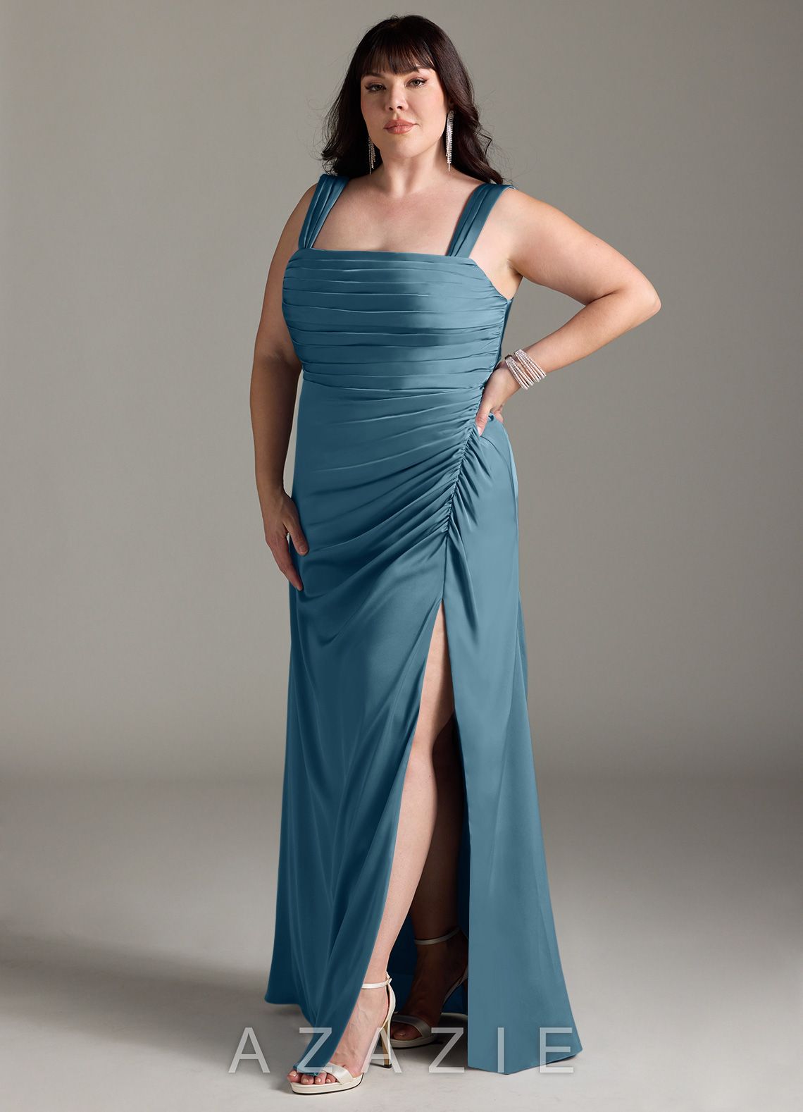 Azazie Jesaphine Bermuda Sheath Bow Stretch Satin Dress bermuda