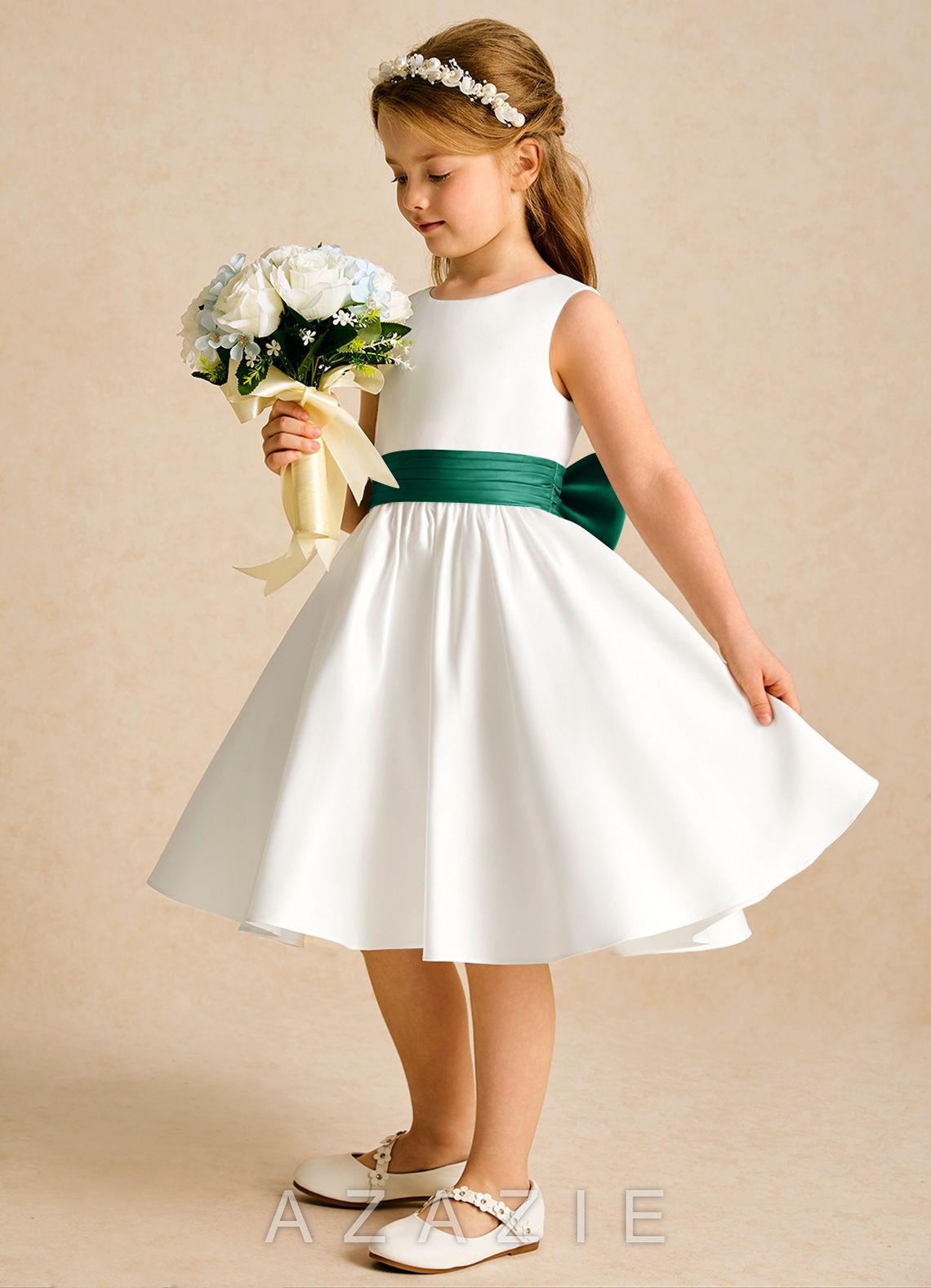Azazie Sosie Ivory Emerald A-Line Pleated Matte Satin Dress ivory/emerald
