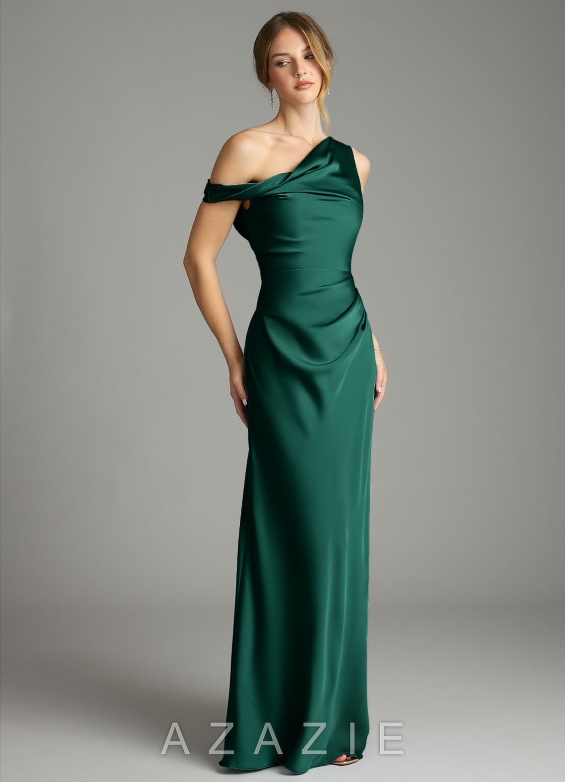 Azazie Emerson Emerald Mermaid Off the Shoulder Stretch Satin Dress emerald
