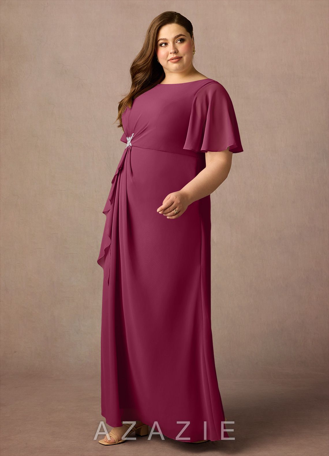 Azazie Rain Mulberry Sheath Beaded Chiffon Dress mulberry