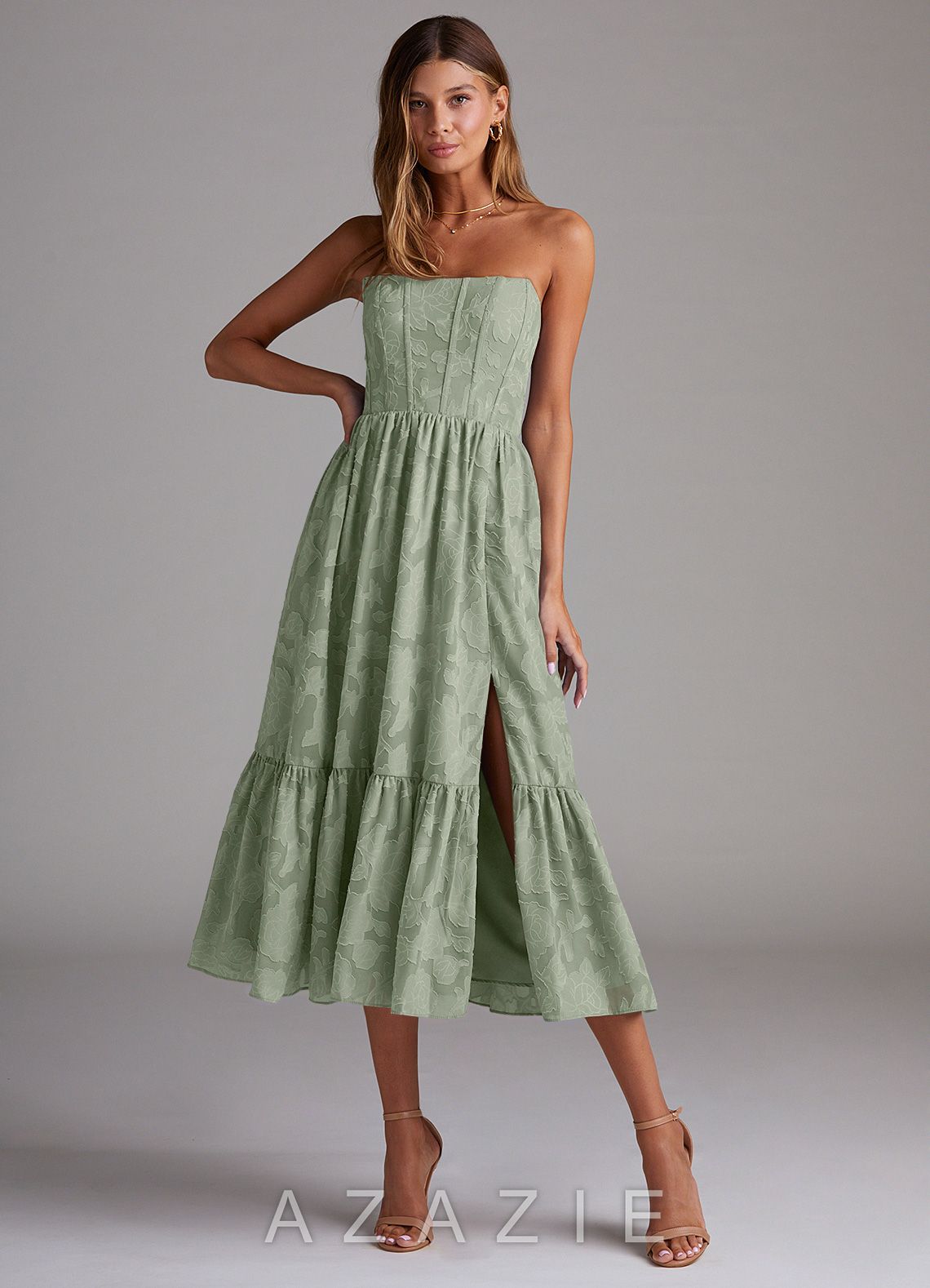 Azazie Delphina Agave A-Line Strapless Floral Burnout Convertible Dress