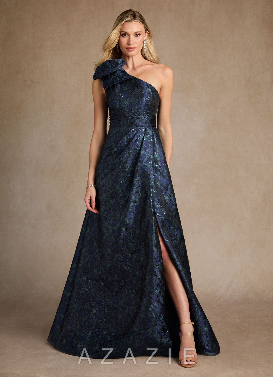 Azazie Easton Dark Navy A-Line One Shoulder Jacquard Dress
