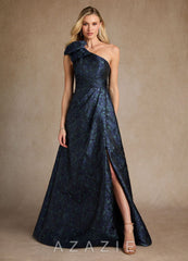 Azazie Easton Dark Navy A-Line One Shoulder Jacquard Dress