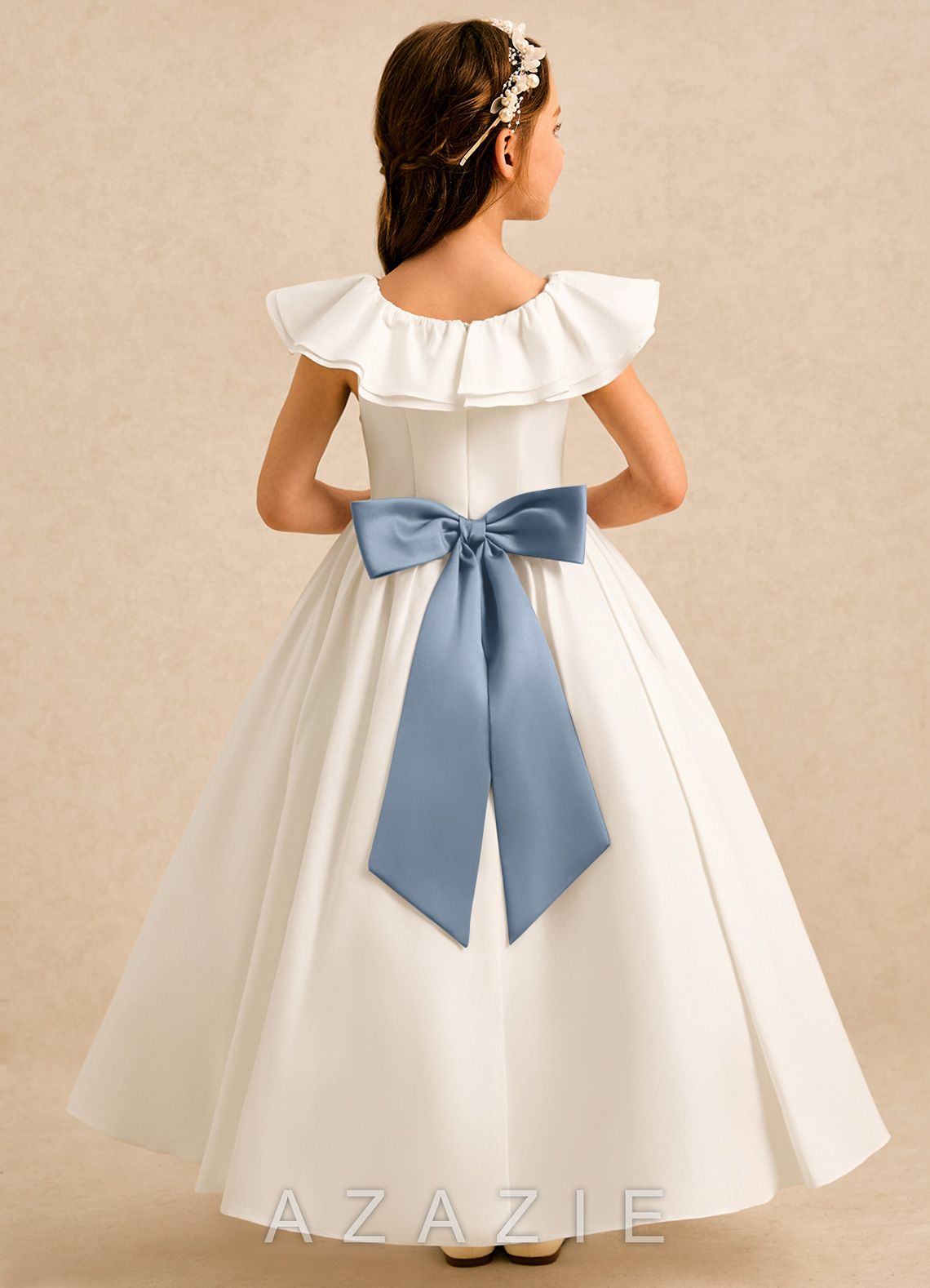 Azazie Clara Ivory Dusty Blue A-Line Bow Cotton Dress ivory/dusty_blue