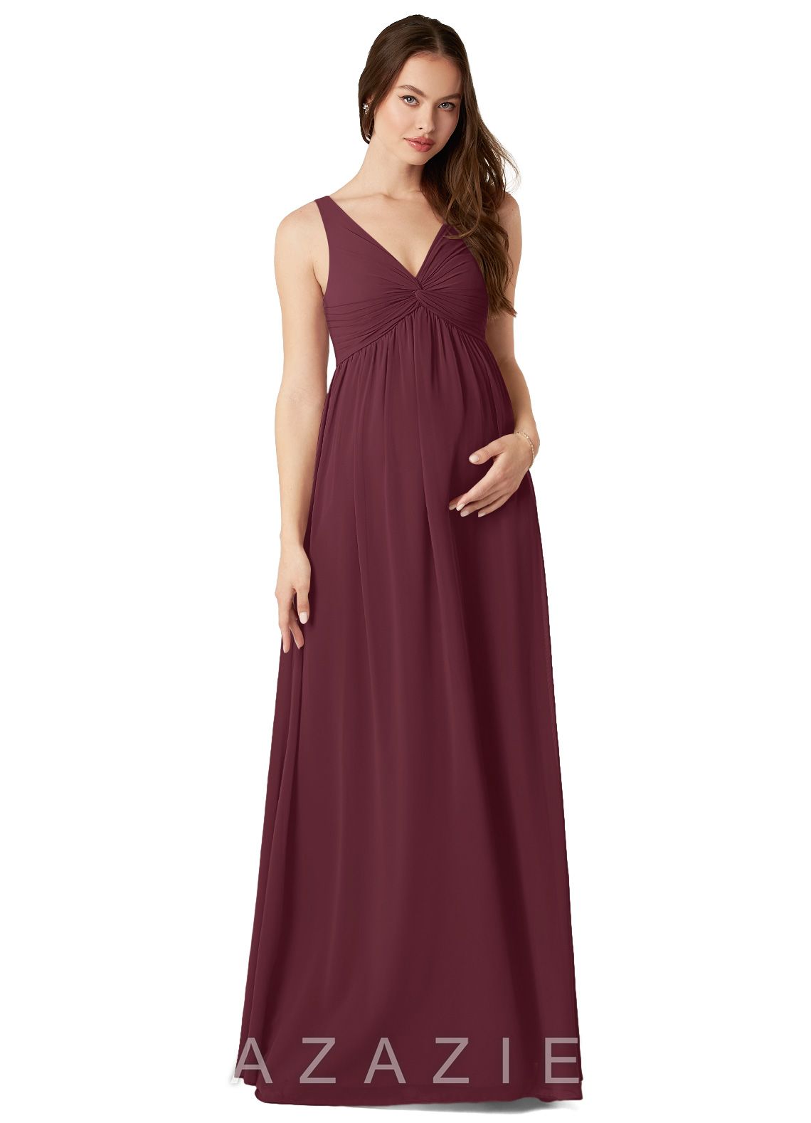 Azazie Yetta A-Line V-Neck Gathered Chiffon Floor-Length Dress