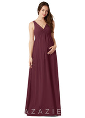 Azazie Yetta A-Line V-Neck Gathered Chiffon Floor-Length Dress