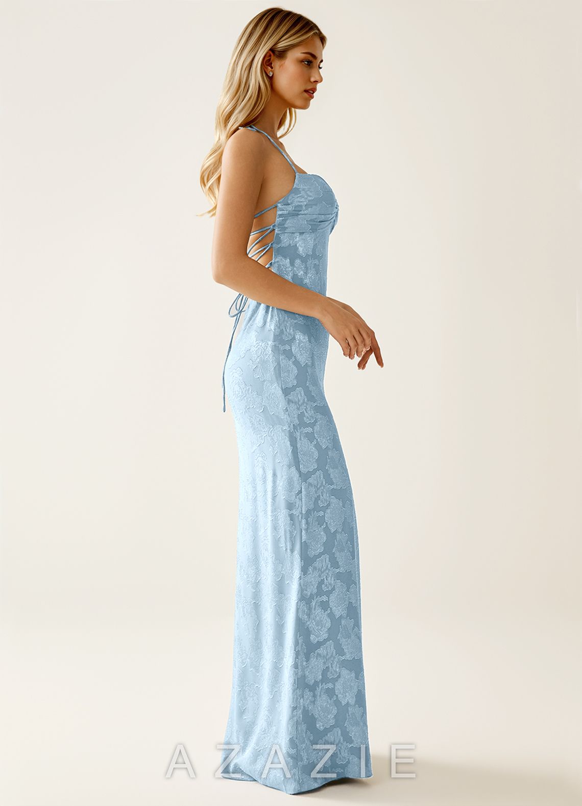 Angena Powder Blue Jacquard Open Back Summer Dress