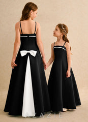 Azazie Izel Girls Formal Ivory Black A-Line Pleated Matte Satin Dress