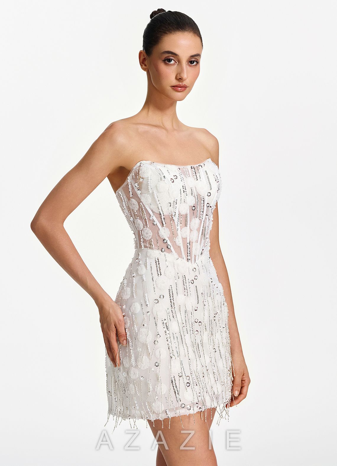 Madison White Strapless Mesh Corset Fringe Mini Dress