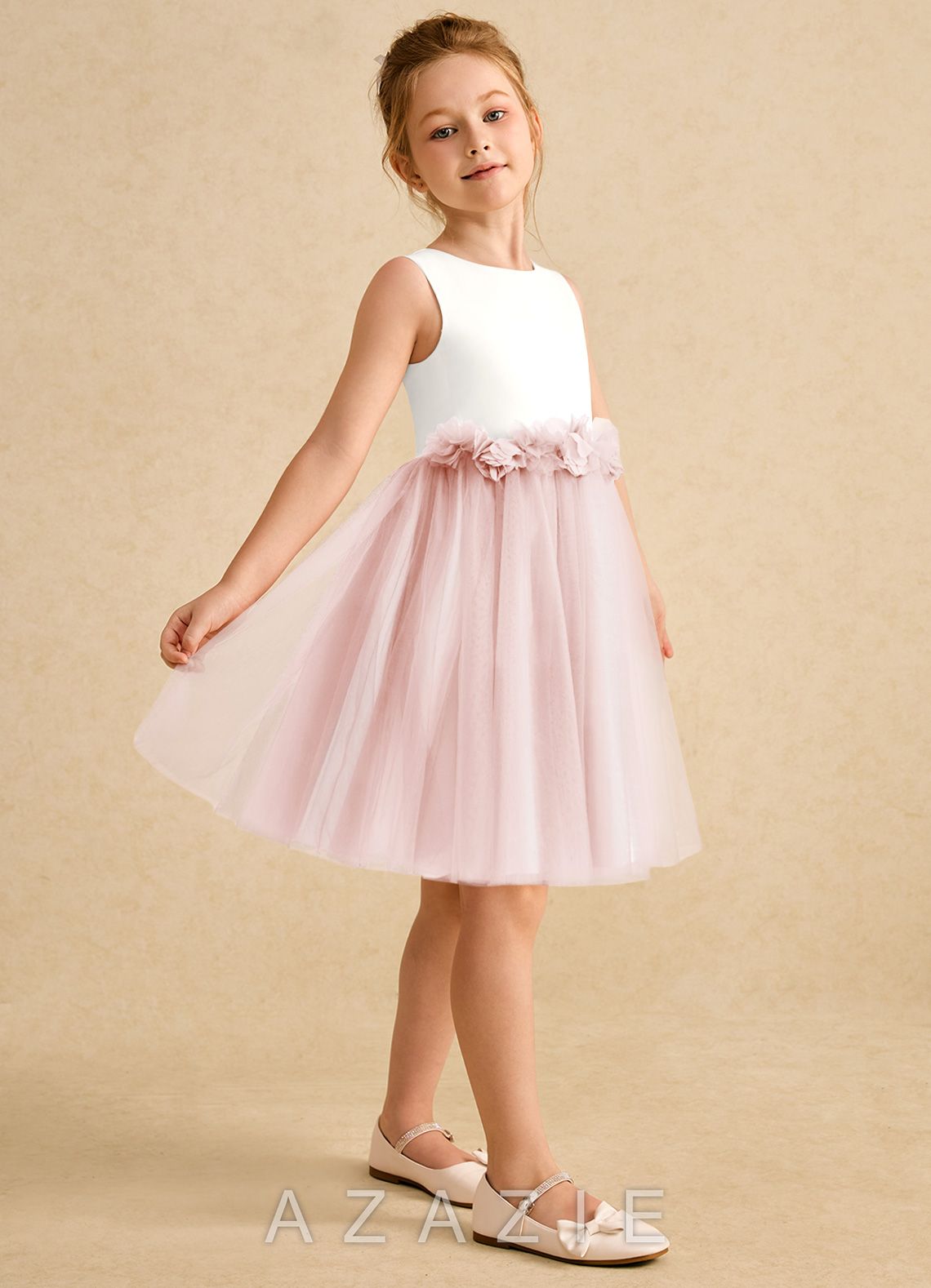 Azazie Louisa Ivory Blushing Pink A-Line Sleeveless Tulle Dress ivory/blushing_pink