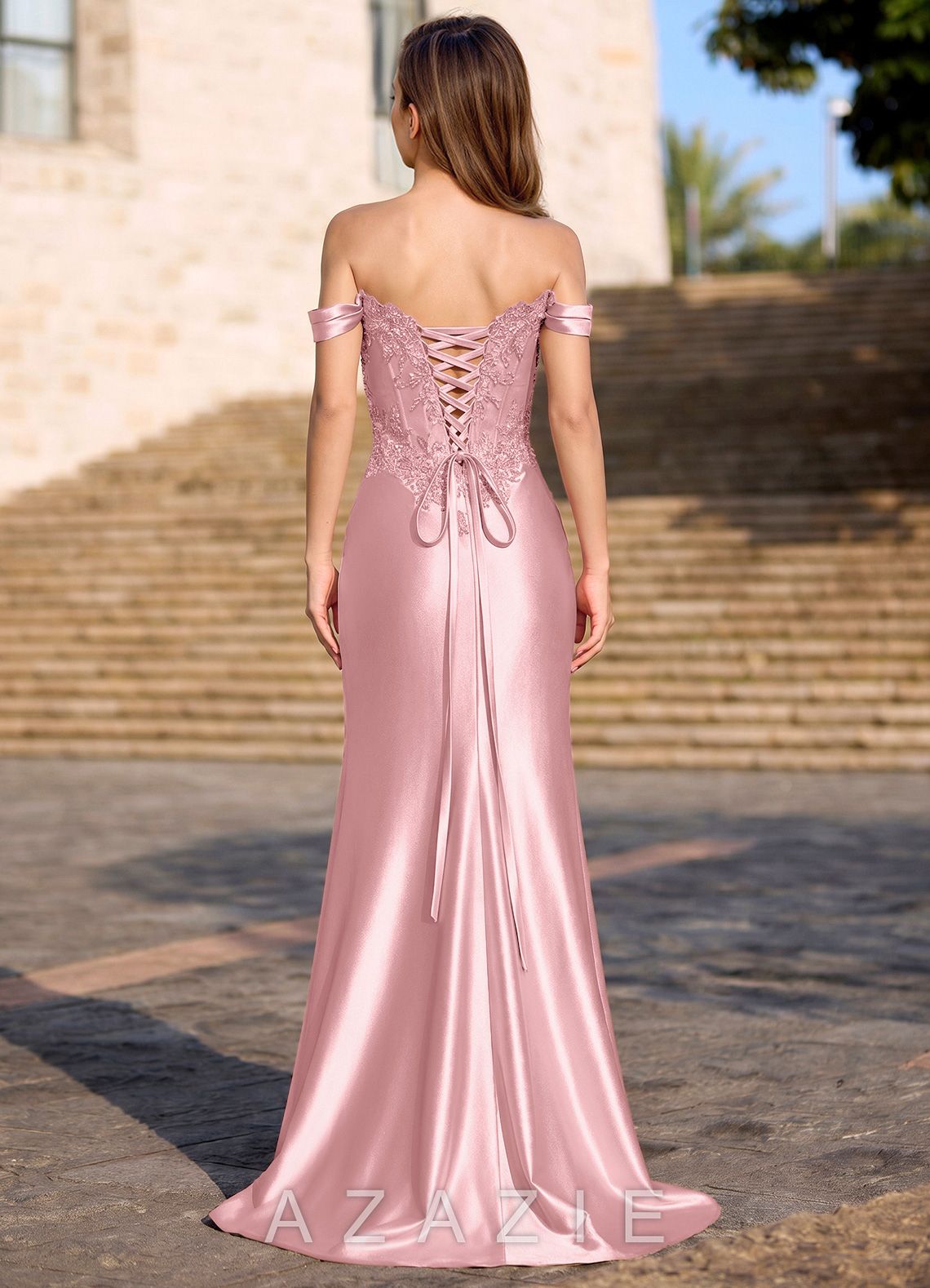 Deliacor Blushing Pink Mermaid Off-the-Shoulder Floral Corset Prom Dress