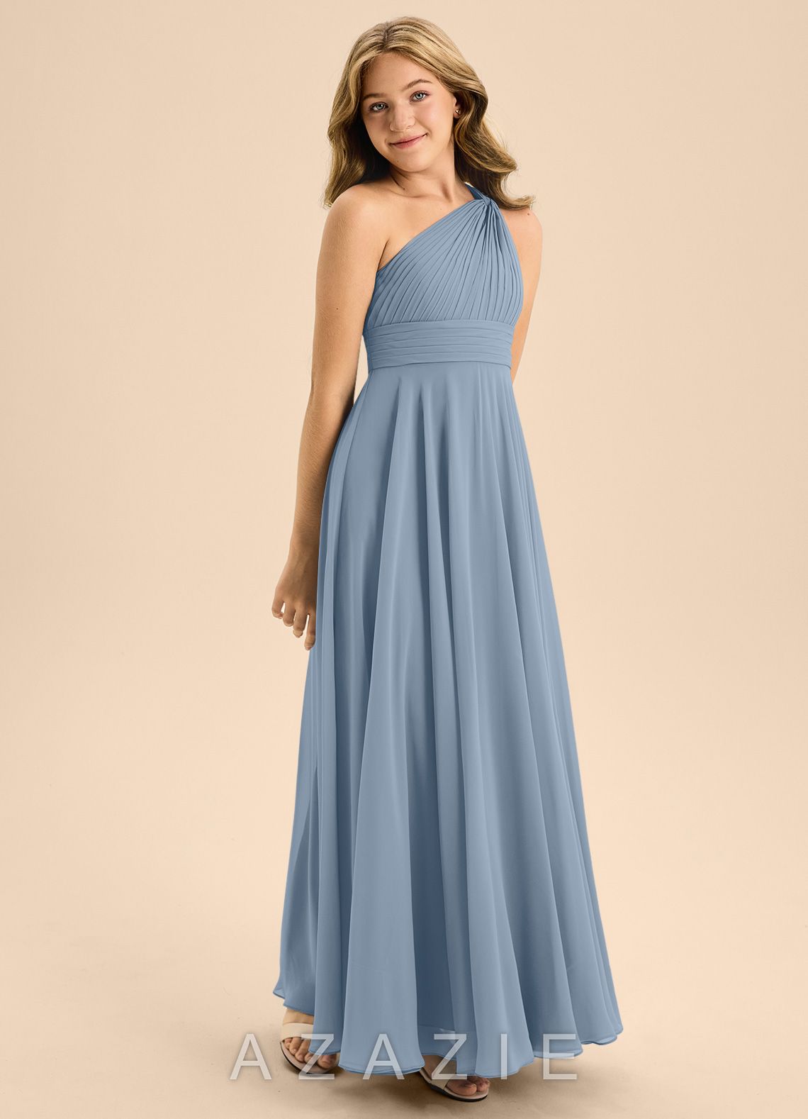 Azazie Charlize Junior Dusty Blue A-Line Pleated Chiffon Dress dusty_blue