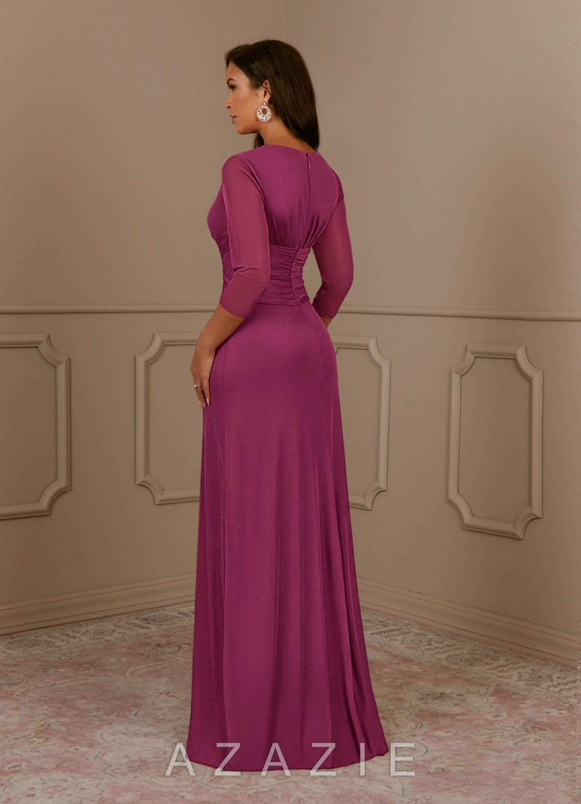Azazie Annetta Mulberry A-Line V-Neck Pleated Mesh Dress mulberry