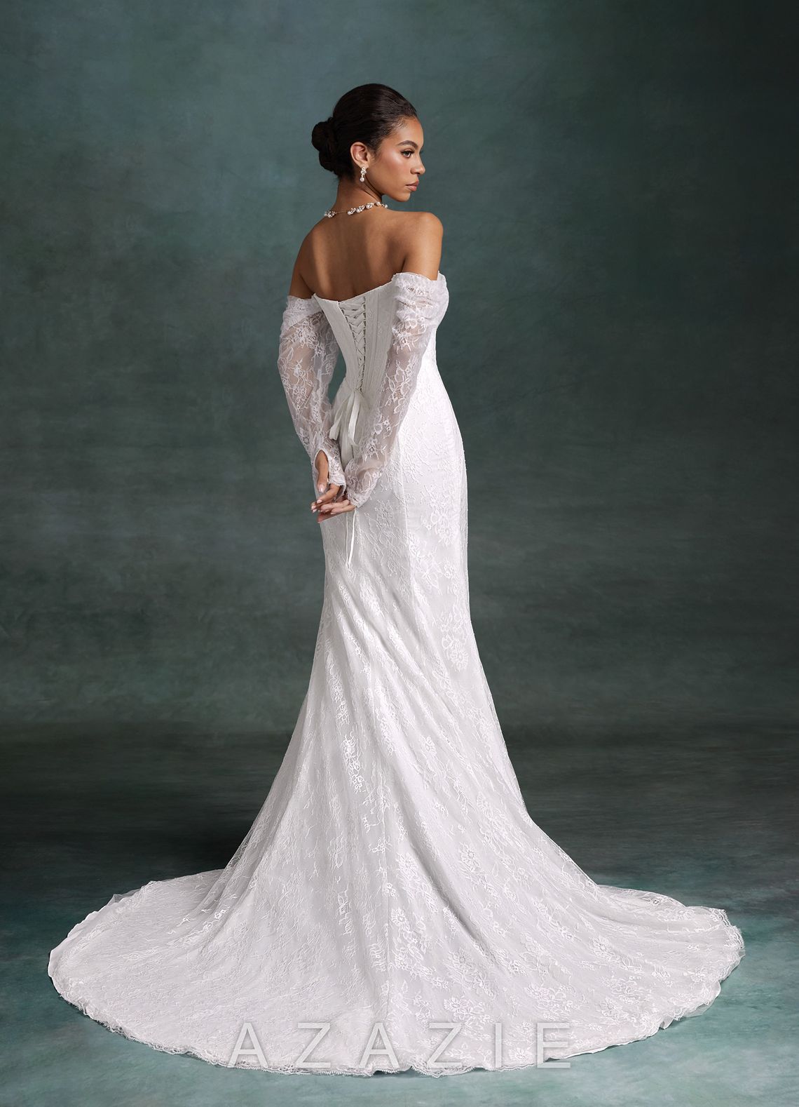 Azazie Zelda Diamond White Mermaid Side Slit Lace Dress diamond_white