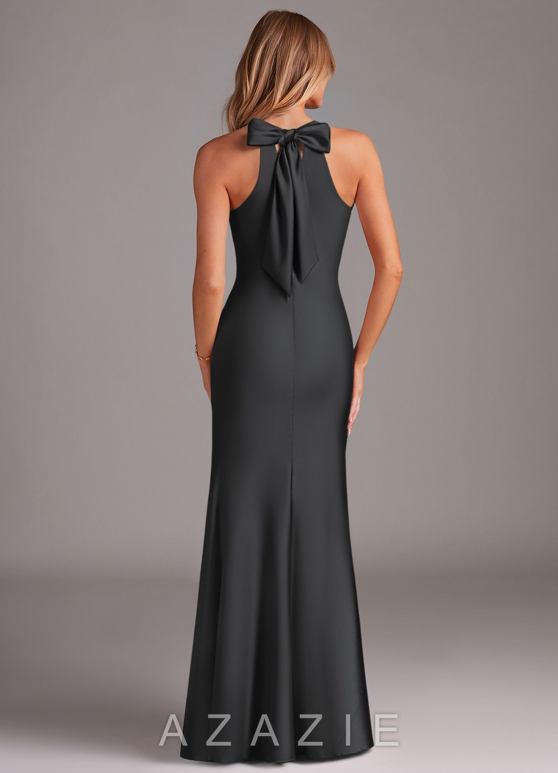 Azazie Doretta Black Mermaid Pleated Stretch Satin Dress black
