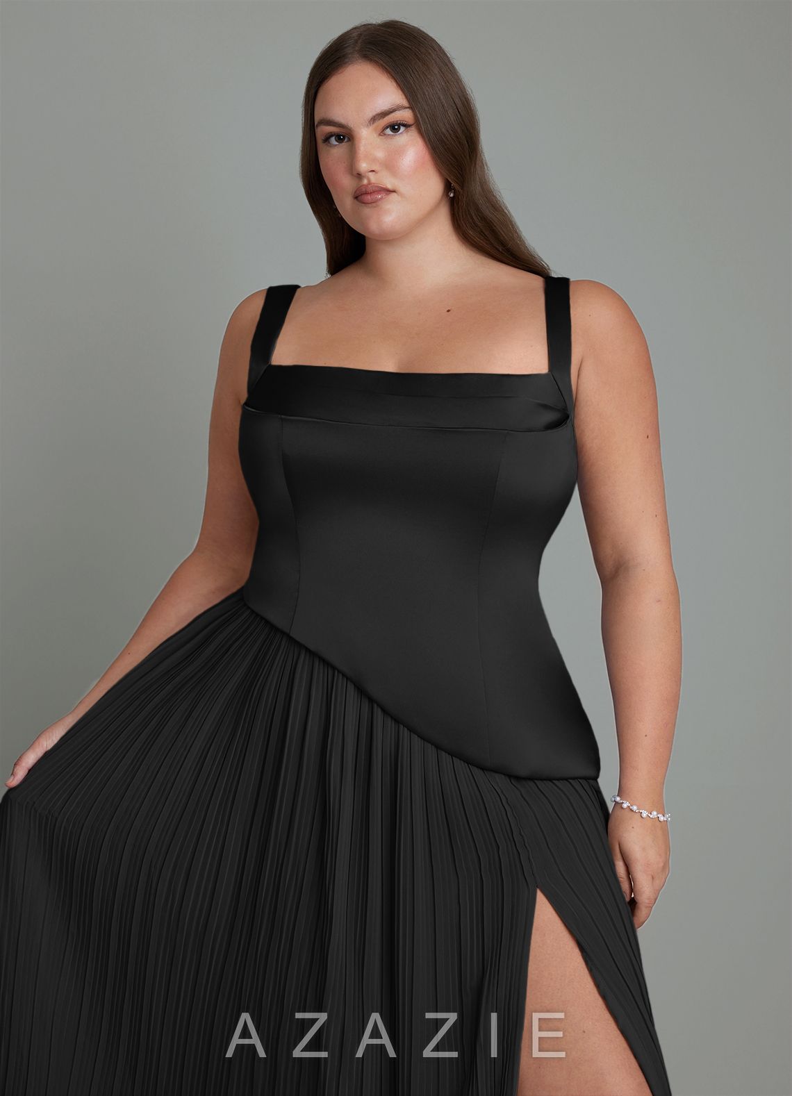 Azazie Stephanie Black A-Line Pleated Stretch Satin Dress black