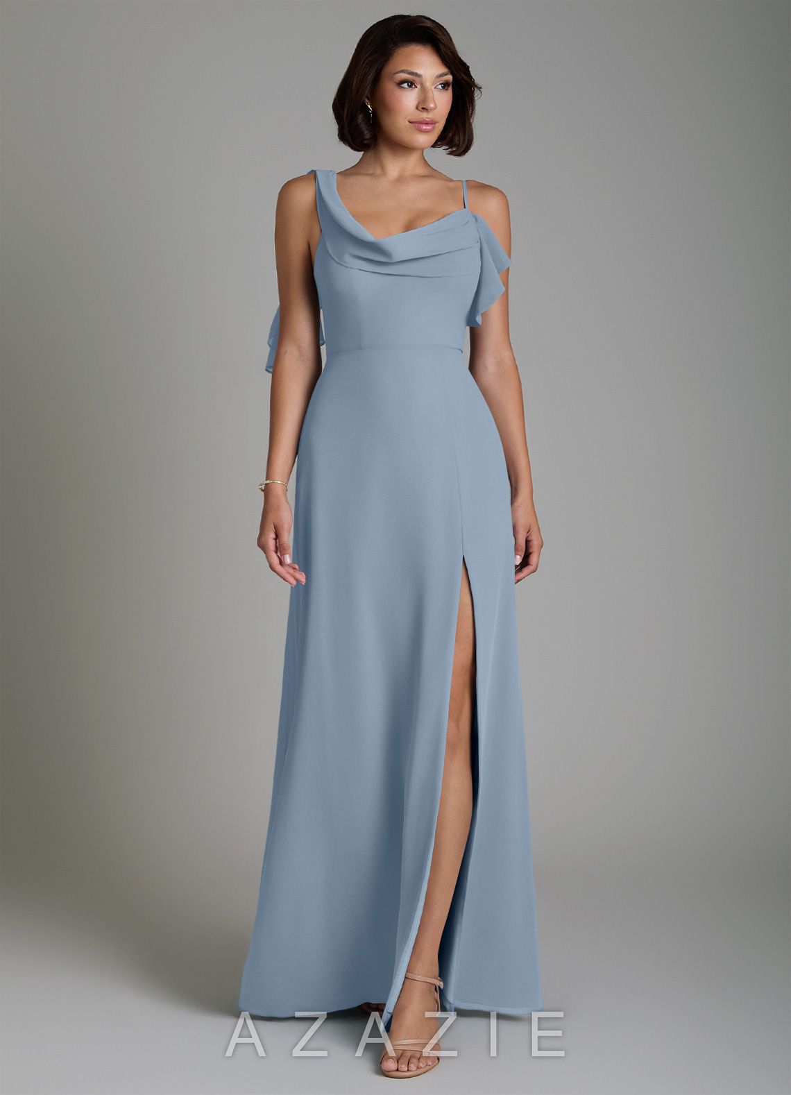 Azazie Jayden Dusty Blue A-Line Side Slit Chiffon Dress