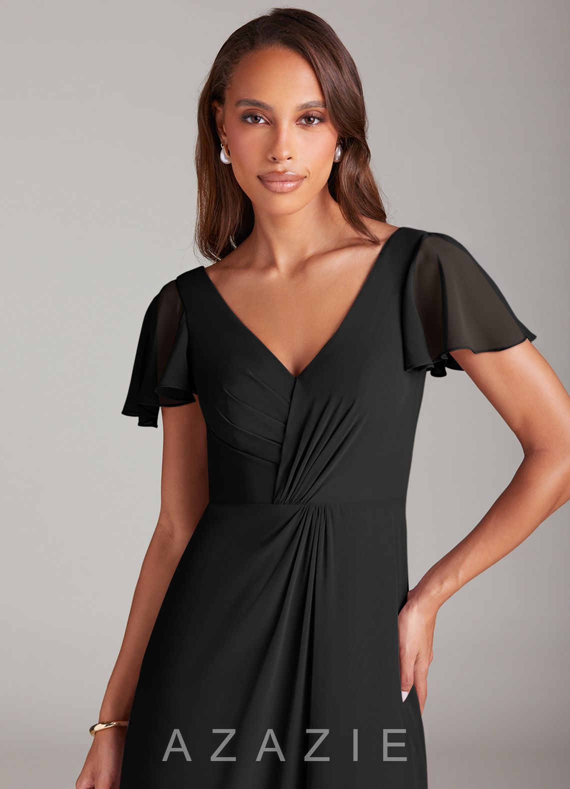 Azazie Soren Black A-Line Ruched Chiffon Dress black