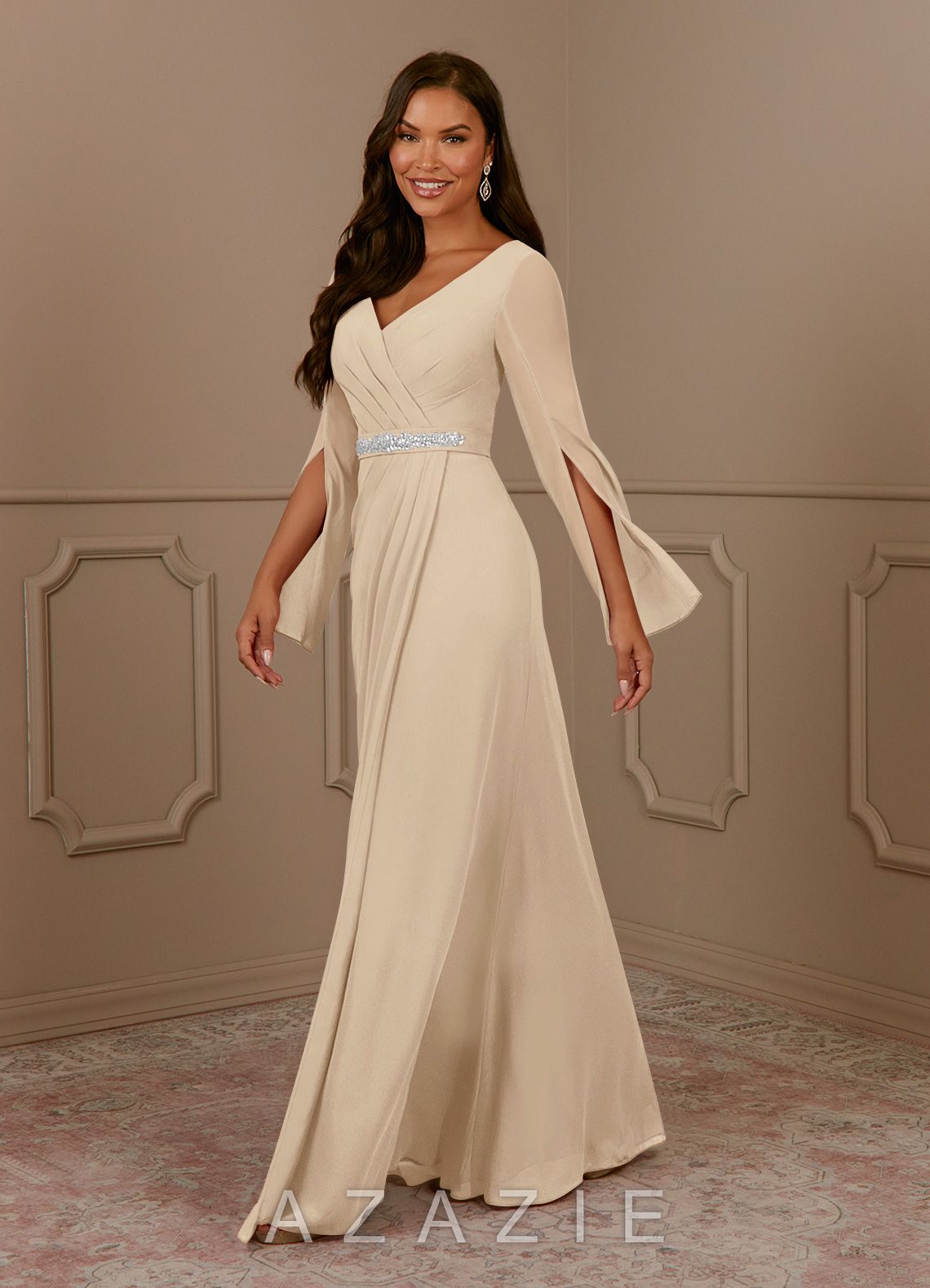 Azazie Belinda Champagne A-Line V-Neck Pleated Chiffon Dress champagne