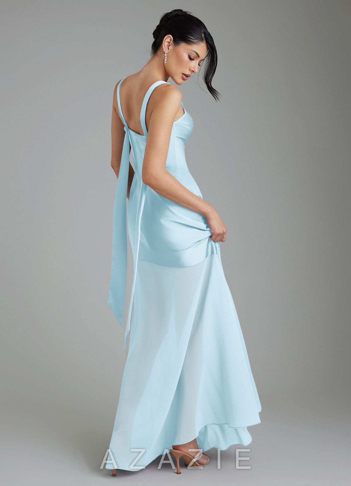 Azazie Piper Sky Blue Mermaid Pleated Stretch Satin Dress sky_blue