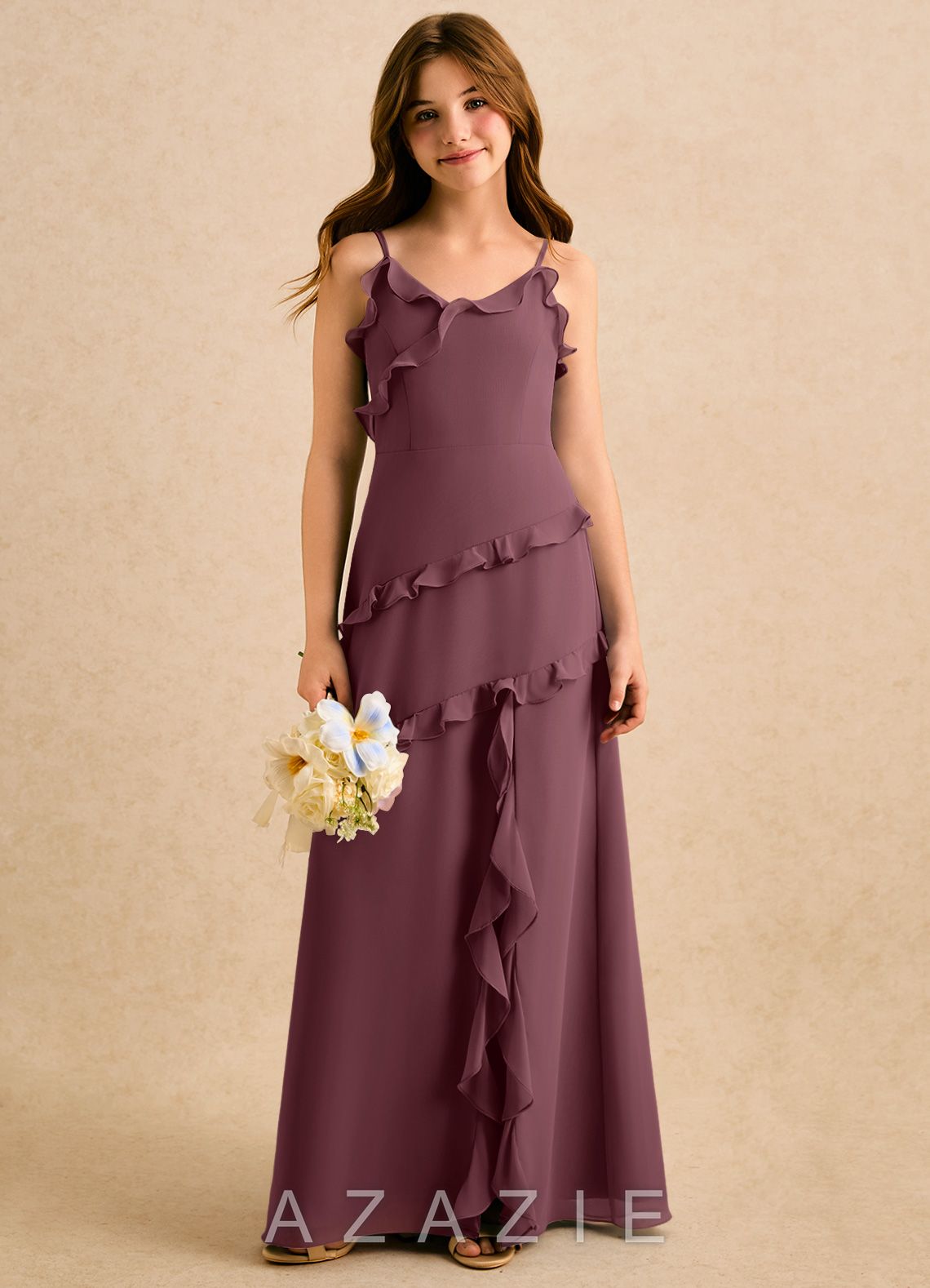 Azazie Lola Girls Formal Sangria A-Line Ruched Chiffon Dress sangria