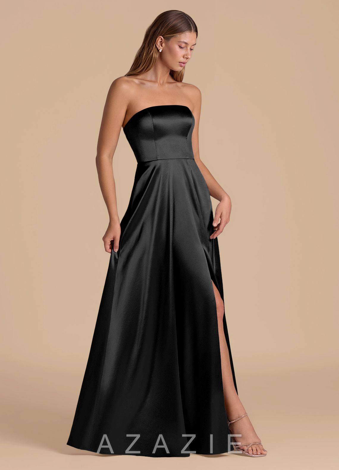 Azazie Wren Black A-Line Strapless Metallic Satin Dress black