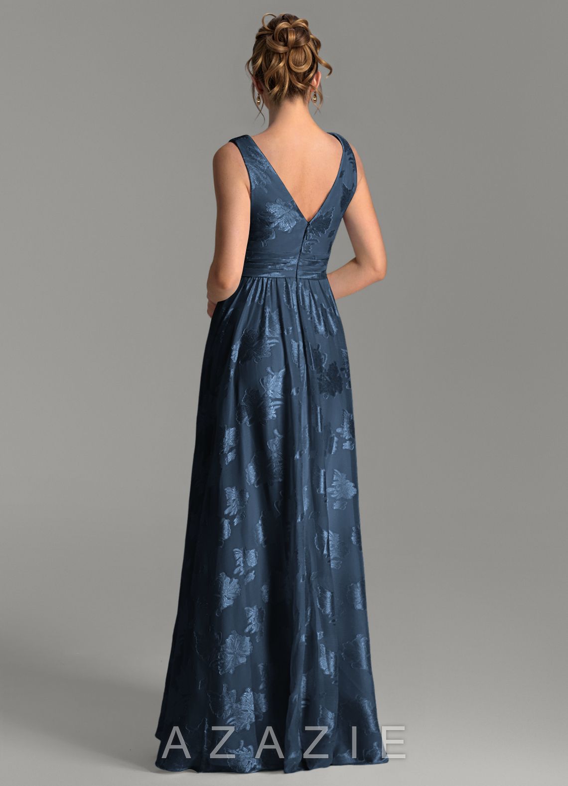Azazie Vanessa Dark Navy A-Line Pleated Floral Jacquard Burnout Dress dark_navy