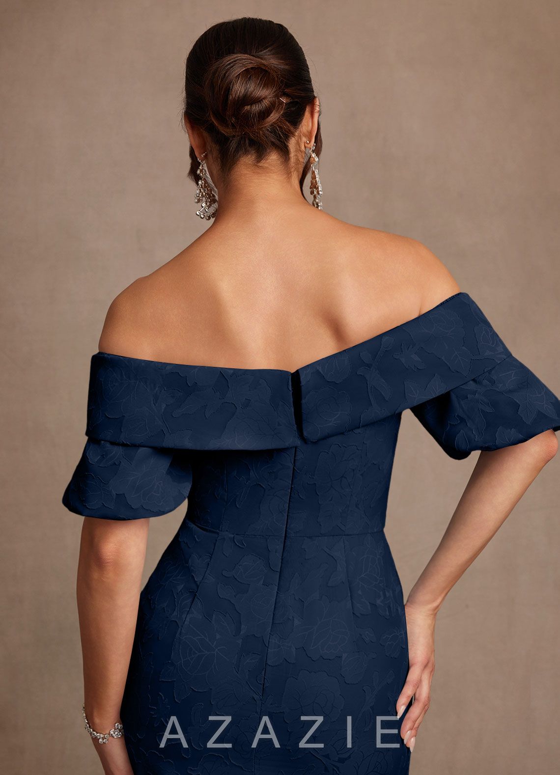 Azazie Golda Dark Navy Sheath Off the Shoulder Floral Burnout Dress dark_navy