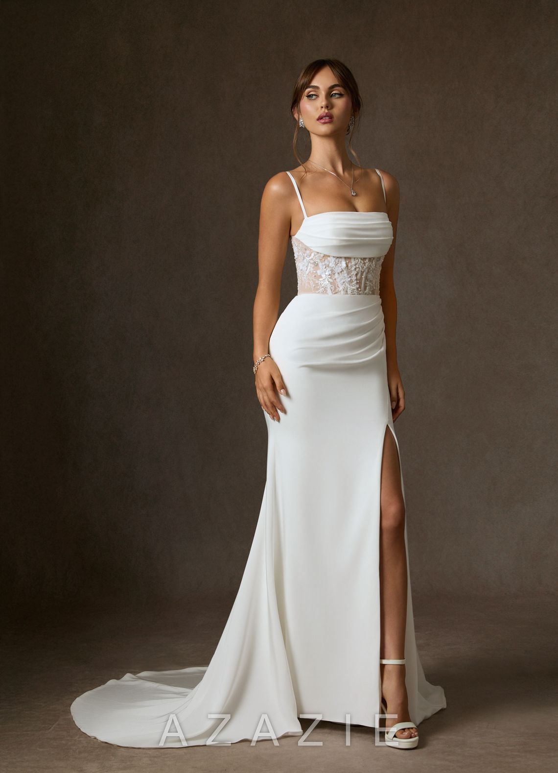 Azazie Alyce Diamond White Nude Mermaid Off the Shoulder Crepe Back Satin Dress