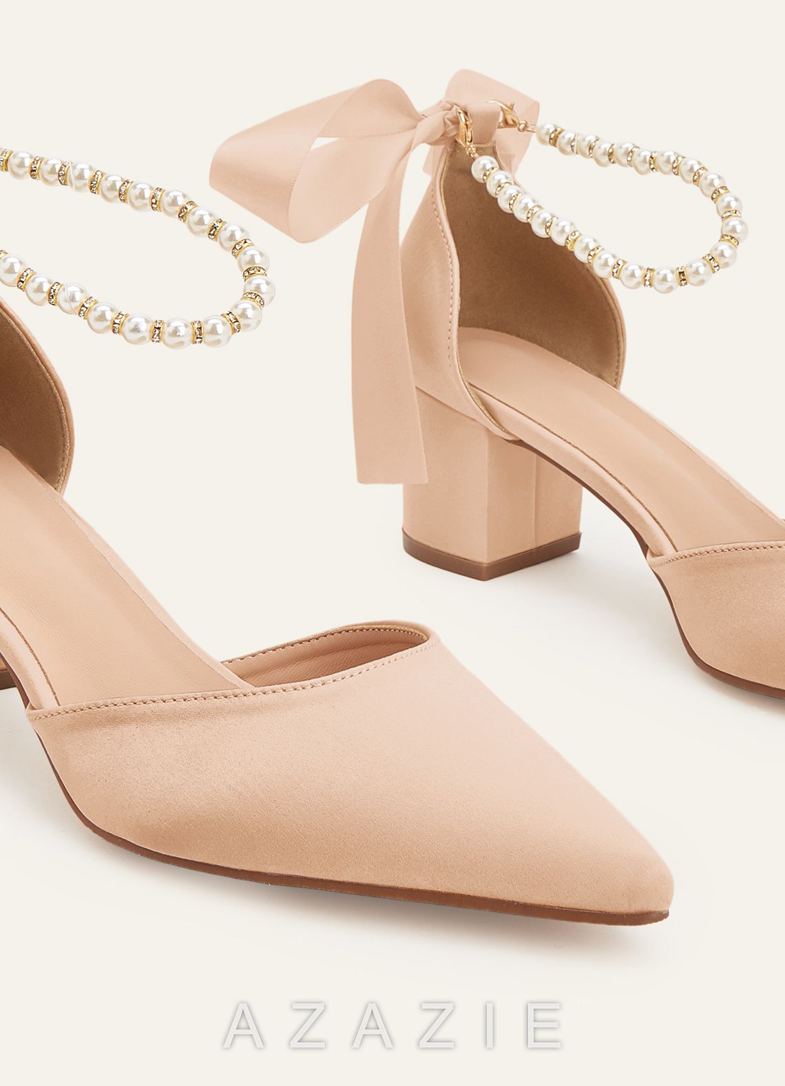 Matching Color Matte Satin Pearl and Bow Pointed Toe Block Heels