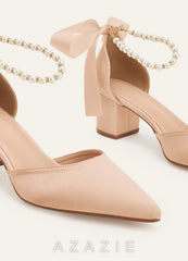 Matching Color Matte Satin Pearl and Bow Pointed Toe Block Heels