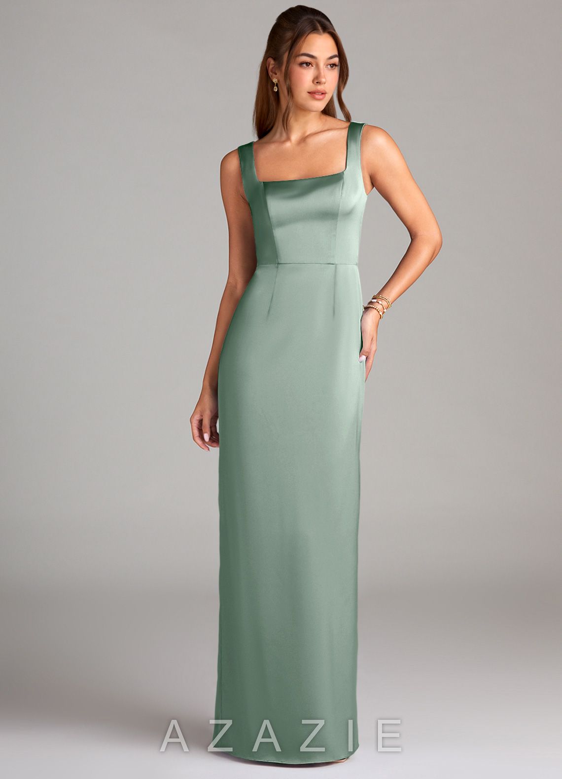 Azazie Flori Agave Sheath Side Slit Stretch Satin Dress